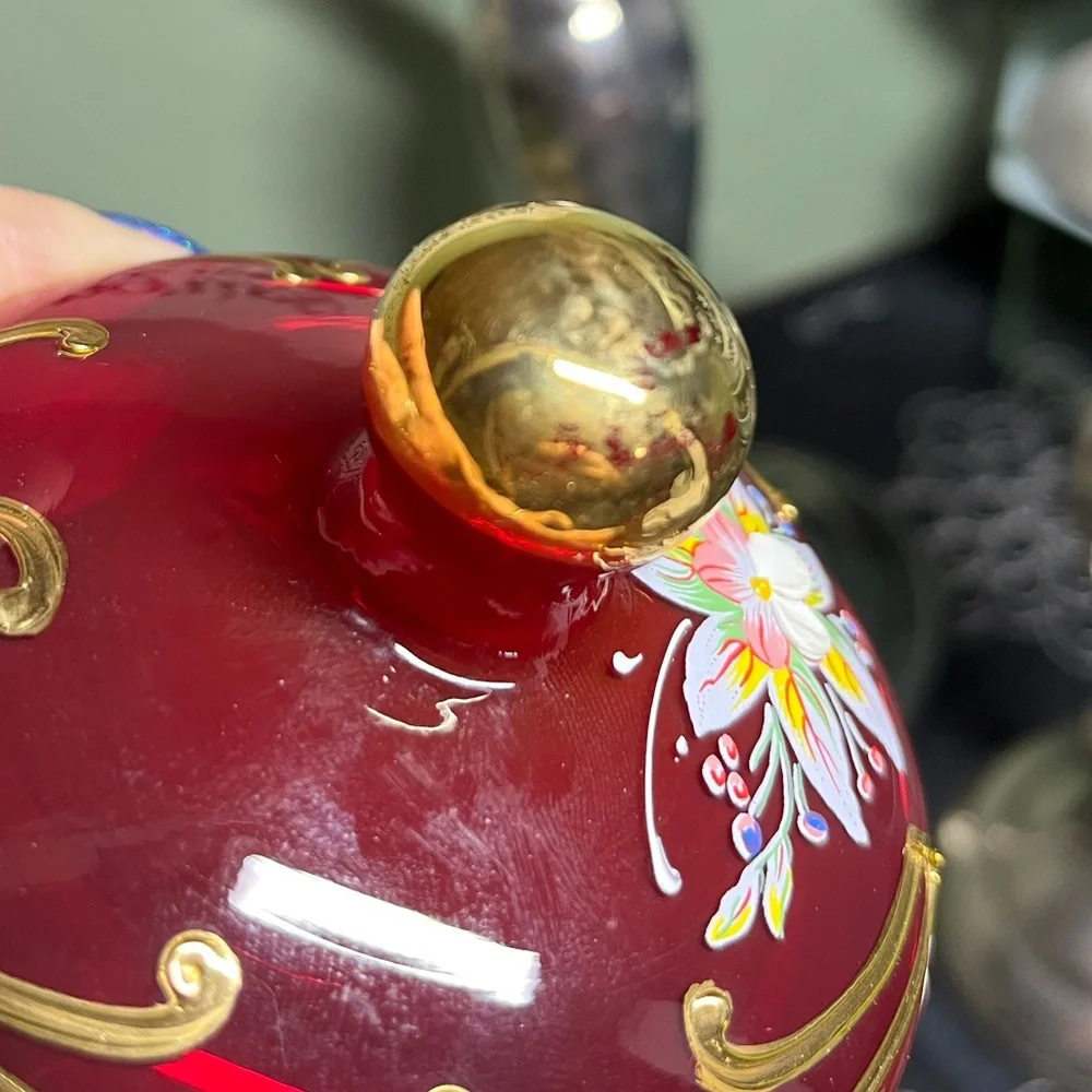 Authentic Bohemian Czech Ruby Red Cased Glass Jar Hand Painted 24K Gold